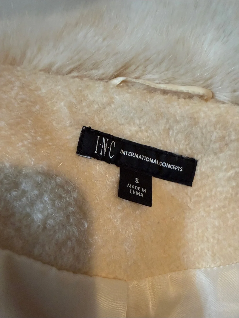 INC International Concepts S Ivory Wool Blend Faux Fur Collar Zip Coat